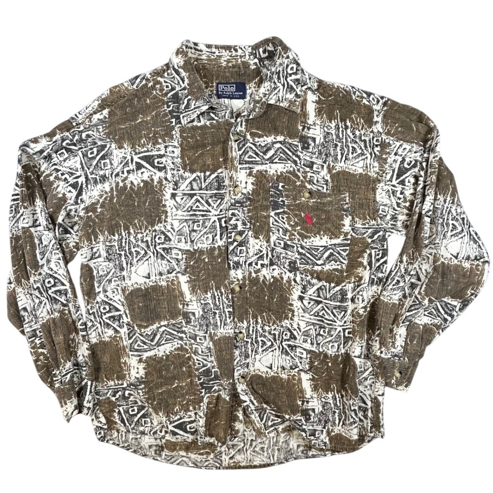 Polo Ralph Lauren Mens XL Tribal Aztec Print Button Down Shirt Brown Made in USA
